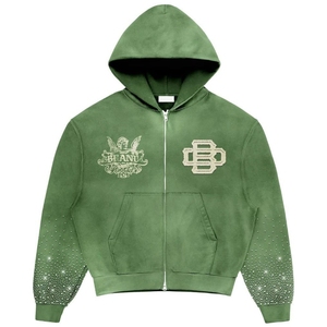 Sweat à capuche zippé pour homme, coupe ample, en coton premium de haute qualité 420 g/m², style streetwear personnalisé, orné de strass brillants. - Product Image 1