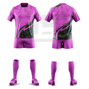 Ensemble de maillot et short de rugby personnalisé avec nom d'équipe imprimé, col en V, haute performance, tissu respirant et antibactérien pour les tournois - Product Image 1