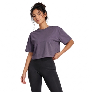 Top Corto Morado para Mujer, Cuello Redondo, Manga Corta, Corte Holgado, Color Sólido, 100% Algodón, Ropa Casual de Primavera/Verano - Product Image 1