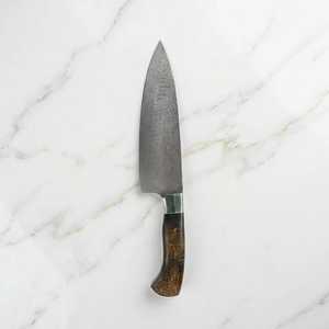 Couteau de cuisine en acier Damas avec manche en bois, lame à pointe tombante, épaisseur 0,6 mm, bord biseauté, pièce unique - Product Image 4