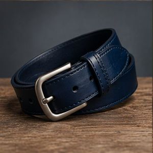 Ceinture en cuir véritable bleu marine avec boucle ardillon rectangulaire argentée, formelle et durable pour homme - Product Image 4
