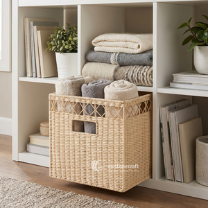 Natural Woven Rattan Eco-Friendly Classical Square Storage <b>Basket</b> with Handle for Home Office <b>Shelf</b> Organizer - Product Image 4