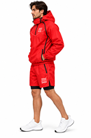 Ensemble de sudation personnalisé rouge pour homme, avec sweat à capuche demi-zip et short 2-en-1, réfléchissant, pour entraînement fitness et perte de poids