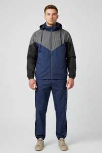 Ensemble de survêtement unisexe gris marine à blocs de couleur avec capuche, fermeture éclair sur le devant, manches longues, style sportif décontracté, respirant et léger pour l'automne - Product Image 5