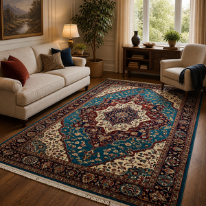 Tapis de luxe en laine tufté à la main de style persan, motif floral traditionnel, bleu, ivoire, rouge, vintage, en latex, pour voyage - Product Image 2