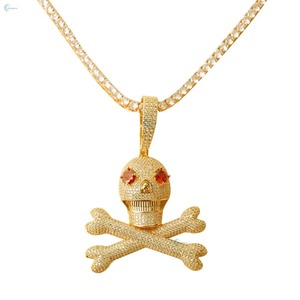 Pendentif Hip Hop Tête de Mort et Os Croisés en Argent 925, Micro-Pavé Moissanite, Yeux Rouges, Breloques Thème Homme, Pendentif Visage Horreur, Chaîne Tennis - Product Image 2