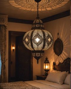 Handcrafted Antique Finish Solid Brass Hanging <b>Ceiling</b> Lamp with Intricate Traditional Engraving Metal Candle Holders - Product Image 1