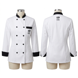 Women <b>Chef</b> Uniform 200 GSM Premium Poly Cotton <b>White</b> Black Piping Short Sleeve Custom Embroidery Printed Logo Kitchen Wear Set - Product Image 3