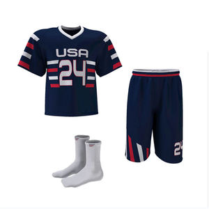 Conjunto de Uniforme de Lacrosse Personalizado de Alto Rendimiento, Jersey Azul Marino con Detalles a Rayas Rojas y Blancas y Pantalones Cortos a Juego - Product Image 1