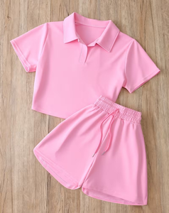 Women Summer High Quality 2 Piece Pink Sporty Shorts Set Short Sleeve Turn-down Collar Crop Top Knee Solid Breathable Knitted - Product Image 1
