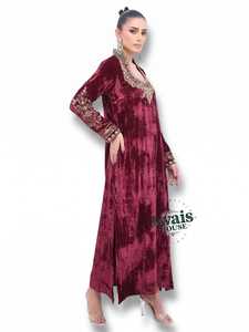 <b>Burgundy</b> <b>Velvet</b> Polyester Abaya Long Sleeve Floor Length Embroidered Sweetheart Neck Modest Islamic <b>Dress</b> Women All Seasons - Product Image 2
