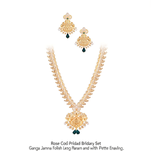 Rose Gold Plated <b>Bridal</b> <b>Jewelry</b> <b>Set</b> Ganga Jamuna Polish Long Haram and Earrings with Peacock Matte Engravings - Product Image 3