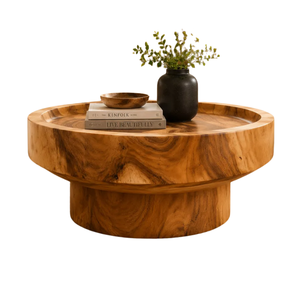 Minimalist Japandi Solid Suar <b>Wood</b> <b>Round</b> <b>Coffee</b> <b>Table</b> Tray Top Raised Edge Pedestal Handmade Natural Grain Furniture - Product Image 3