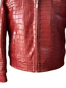 Veste en cuir PU gaufré croco rouge pour homme, style motard, fermeture éclair sur le devant, col rabattable, vêtement d'hiver - Product Image 3