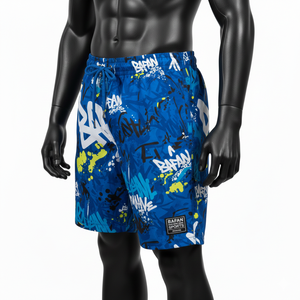 กางเกงว่ายน้ำชายไมโครไฟเบอร์คุณภาพสูง สีน้ำเงิน ลายกราฟิก น้ำหนักเบา แห้งเร็ว ระบายอากาศได้ดี เอวยางยืด โลโก้แบบซับลิเมชั่น - Product Image 4