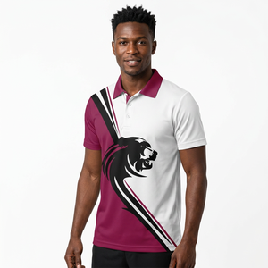 <b>Men's</b> Short Sleeve Polo Shirt With Panther Print Maroon White Color Block Regular Fit Casual Knitted Polyester - Product Image 3