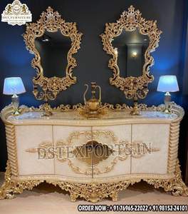 Juego de tocador de estilo victoriano con hojas doradas talladas para dormitorio, mesa de tocador de madera hecha a mano más vendida con espejo y taburete, EE. UU. - Product Image 5