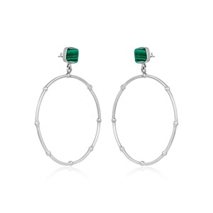 Natural Malachite Stone Cushion Hoop Drop <b>Earrings</b> for Women <b>Silver</b> Plated Beaded Open Circle Statement <b>Dangle</b> <b>Earrings</b> - Product Image 1