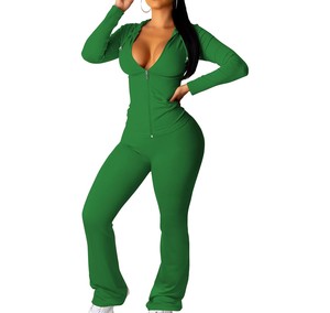Conjunto Deportivo Ligero para Mujer, Color Verde Sólido, Manga Larga, con Capucha, Cuello en V, Transpirable, para Otoño - Product Image 1