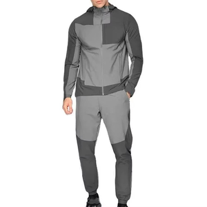 Ensemble de survêtement gris pour homme, à blocs de couleur, avec capuche et fermeture éclair, manches longues, sportif, séchage rapide, deux pièces, pour l'automne - Product Image 1