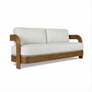 Midcentury Modern Two Seat <b>Wood</b> Garden <b>Sofa</b> with White Cushions Outdoor Furniture - Product Image 4