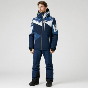 Men's Hooded Ski <b>Jacket</b> <b>Waterproof</b> 10,000mm for Power Stretch Sublimation Print Blue White Geometric Design - Product Image 4