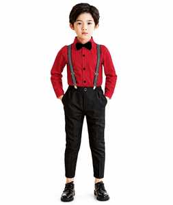 Vêtements pour enfants de marque, chemise boutonnée pour garçons avec pantalon noir classique et ensemble de bretelles rayées - Product Image 4