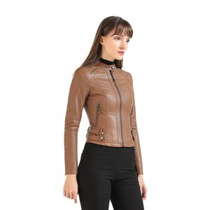 Veste en cuir pour femme, vente en gros, OEM, ODM, marque privée, fermeture éclair unie, coupe ajustée, veste en cuir PU pour femme - Product Image 3