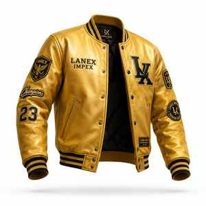 Custom Gold Varsity Letterman Jacket Men PU Leather Baseball College Jacket Embroidered Chenille Patch Bomber Jacket OEM Service - Product Image 2