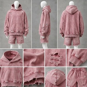 Conjunto de Sudadera con Capucha y Pantalones Cortos Oversize para Hombre, Lavado Ácido, Desgastado, con Cremallera, Dos Piezas, Servicio OEM, 100% Algodón Felpa - Product Image 3