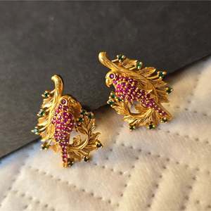 Gold Plated Brass Parrot Stud Earrings with Pearl and Diamond Accents - Product Image 4