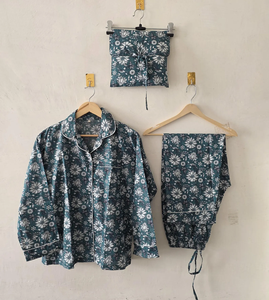 Ensemble de pyjama élégant en coton bleu sarcelle à motifs floraux pour femme, imprimé à la main, manches longues, respirant, séchage rapide, deux pièces, vêtements de nuit d'été - Product Image 2