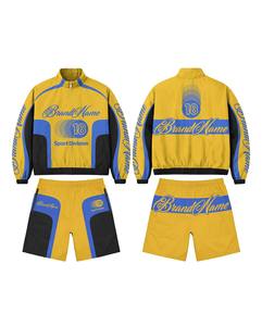 Yellow Blue Windbreaker Jacket Shorts Set | Oversized <b>Zip</b> <b>Hooded</b> Matching Set OEM Private Label - Product Image 1