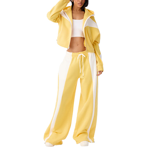 Ensemble de survêtement décontracté pour femme, jaune et blanc imprimé, 100 % coton, coupe ample, crop top à capuche et pantalon de jogging large, style hiver - Product Image 1