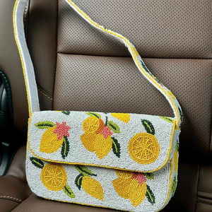 Bolso Bandolera AL MALIK CRAFT Hecho a Mano con Cuentas y Bordado de Limón, de Algodón Blanco, Diseño Artístico Personalizado con Forma Floral - Product Image 1