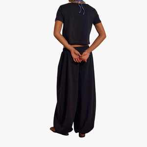 Ensemble 2 pièces pour femmes, haut court en coton avec pantalon large, manches courtes, col rond, coupe ample, couleur unie, décontracté, printemps été, ensemble pour femmes - Product Image 2