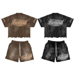 Custom Men's Acid Wash Oversized T-Shirt Shorts Set Vintage Style 100% Cotton <b>Distressed</b> Sun Faded Rhinestone Printed Short Sets - Product Image 1