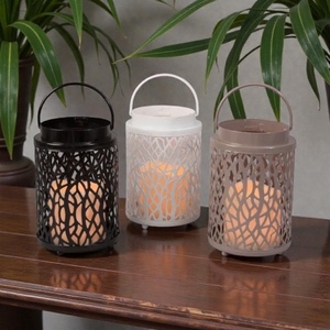 <b>Lantern</b> <b>Set</b> With Geometric Cutout Pattern In Black White And Brown For Home Decoration Portable Iron Candle Holders - Product Image 3