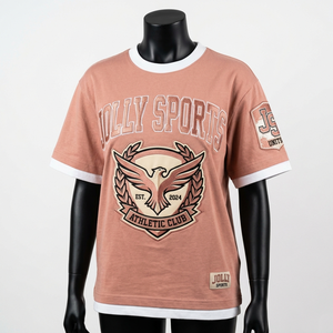 Women double layer cotton t shirt 200 GSM soft breathable <b>peach</b> color contrast hem puff print custom logo Double Layer Shirts - Product Image 1