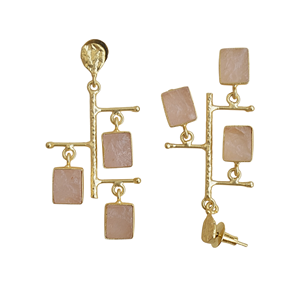 Pendientes Colgantes de Cuarzo Rosa en Bruto, Hechos a Mano, Chapados en Oro de 18K, Estilo Bohemio - Product Image 3