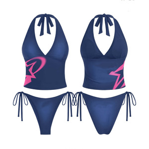 Traje de baño azul de nailon y spandex premium de 220 GSM, alta elasticidad, sin costuras, con logo personalizado por transferencia térmica para mujer. - Product Image 3