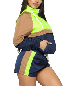 ชุดเซ็ตสองชิ้นสำหรับผู้หญิง ฤดูใบไม้ผลิ/ฤดูร้อน กันลม ผ้าฝ้าย 100% เสื้อแจ็คเก็ตกันลม ความยาวเหนือเข่า กางเกงขาสั้นสีพื้น ซิปครึ่งตัว ระบายอากาศได้ดี เป็นมิตรต่อสิ่งแวดล้อม - Product Image 2