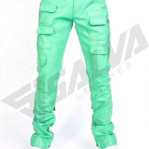 Pantalones de Cuero PU Verde para Hombre SALVA LEATHER, con Múltiples Bolsillos, Cierre de Cremallera, Cintura Elástica, Corte Recto, Impermeables, Casuales de Invierno - Product Image 4