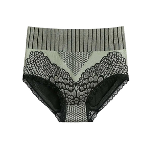 Women Mid-Rise <b>Thongs</b> Striped Lace <b>Seamless</b> Knitted Tummy Control Ultra-Thin Everyday Sexy Panties - Product Image 1