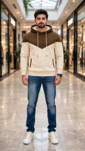 Sudadera con Capucha de Felpa para Hombre, Talla Grande, Color Marrón Beige, con Bloques de Color, 100% Algodón, Secado Rápido, para Invierno - Product Image 1