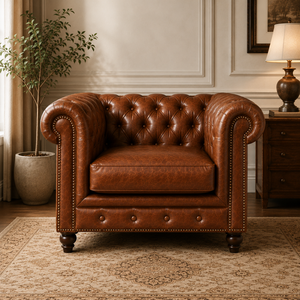 Sillón Chesterfield de Cuero Premium con Brazos Enrollados, Elegante Sillón de Color Marrón para Sala de Estar, Muebles de Cuero - Product Image 2