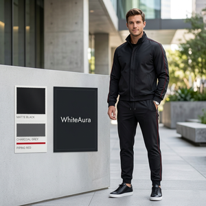 Men's Black <b>Tracksuit</b> Set Full Sleeve Stand Collar Zipper Closure Solid Color Casual Wear Polyester Material Autumn Style - Product Image 5