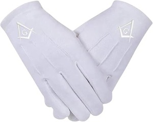 Gants en coton brodés blancs avec motif équerre et compas maçonniques - Blanc, taille unique, paire, ajustement confortable, doux - Product Image 5