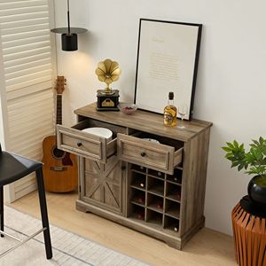 Credenza Stile Fattoria con 2 Cassetti e Bar Portabottiglie Rimovibile, con Ripiani e Portabottiglie per Conservazione Liquori - Product Image 2