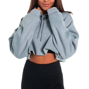 Hoodie court bleu clair pour femme, épaules tombantes, manches longues, coupe oversize, en polaire tricotée de polyester, anti-rétrécissement, broderie géométrique - Product Image 5